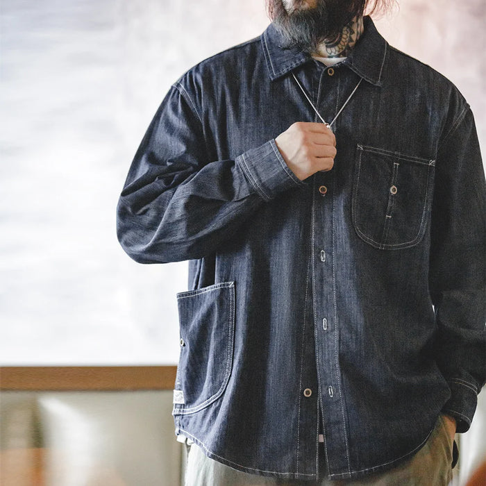 Maden 2023 Vintage Large Pockets Washed Denim Shirt Men's Casual 240g Button Down Long Sleeve Shirts Amekaji Loose Workwear Tops