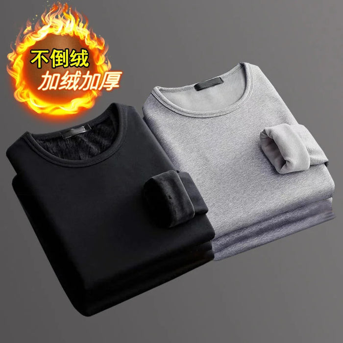 2Pcs Mens Underwear Winter Men's Long-sleeved Thermal Underwear Plus Velvet Padded T-shirt Round Neck Slim Bottoming Shirt