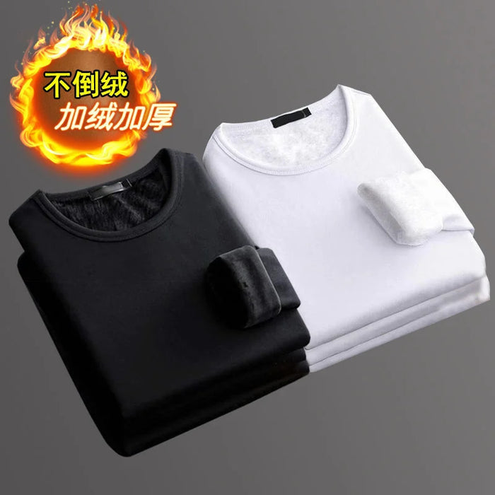 2Pcs Mens Underwear Winter Men's Long-sleeved Thermal Underwear Plus Velvet Padded T-shirt Round Neck Slim Bottoming Shirt