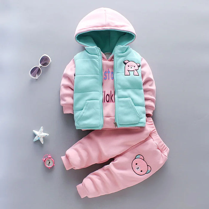 2023 Winter Baby Boy Clothes Sets Autumn Cotton Thick Warm Hooded Sweater Cartoon Cute Bear Three-Piece Baby Girl Suit 0-5Y
