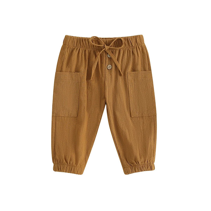 Cotton Linen Casual Baby Pants Toddler Boys Girls Casual Bottom Summer Autumn Solid Drawstring Button Children Pockets Trousers