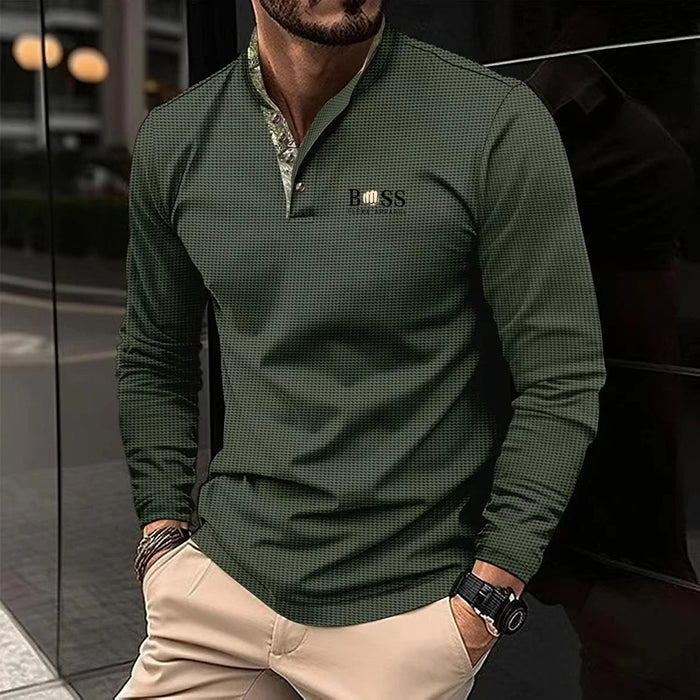 New men's autumn and winter leisure printed long sleeve POLO shirt High quality lapel button down T-shirt European size long sle
