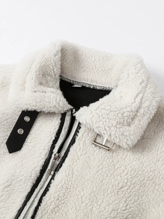 Fashion Patchwork Furry Jacket For Women Gentle Panelled Thick Warm Lambswool Fleece Coat New Fashion Zipper Pocket Lady Outwear