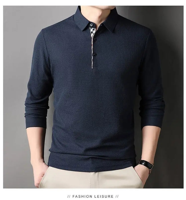 Men Fashion Long Sleeve Solid Casual Polo Shirts Spring Autumn Loose Streetwear Male Clothes Lapel Plaid Business Office Tops