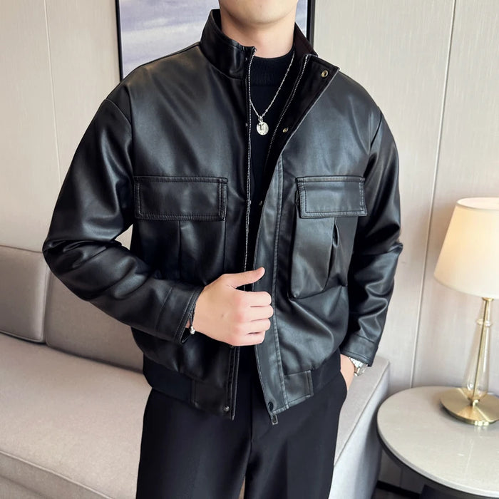 Autumn Winter Men's Leather Jacket 3D Pocket Solid Motocycle Bomber Coat Highstreet