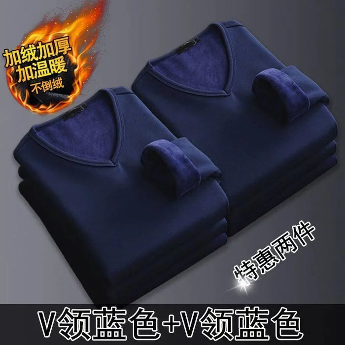 2Pcs Mens Underwear Winter Men's Long-sleeved Thermal Underwear Plus Velvet Padded T-shirt Round Neck Slim Bottoming Shirt