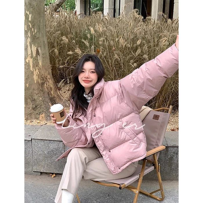 Short Parkas Women Streetwear Cropped Down Coat Korean Sweet Puffer Jacket Winter Solid Casual All Match Cotton Padded Outwear