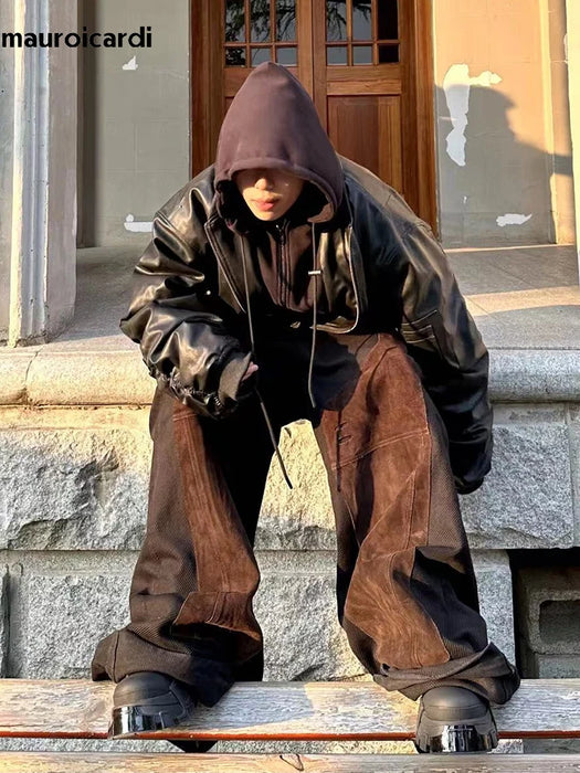 Mauroicardi Autumn Winter Oversized Cool Black Thickened Warm Pu Leather Bomber Jacket Men Hood Luxury Designer Fake 2 Clothes
