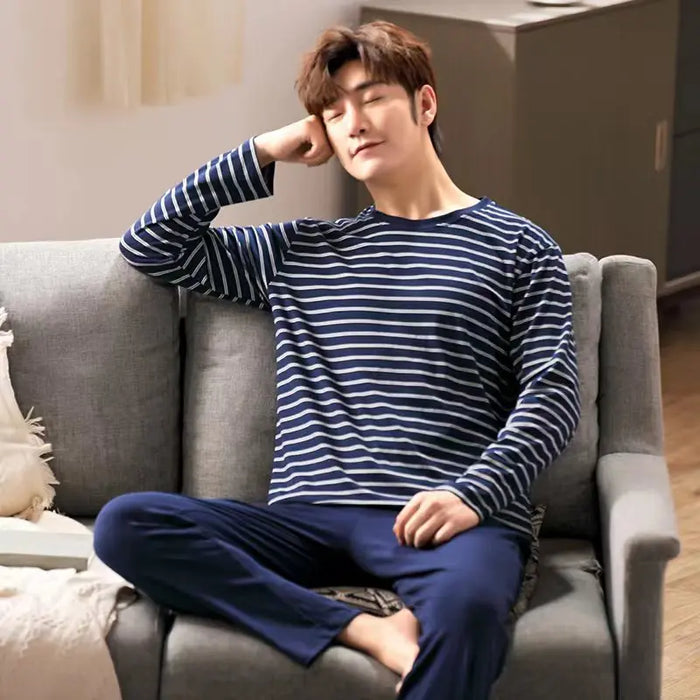 New Arrival Pajamas Men's Cotton Long-sleeved Striped Spring and Autumn Men's Teen Winter Homewear 2-Piece Suit