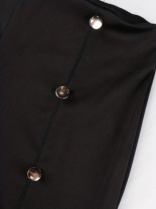 Plus Size Casual Pants, Women's Plus Solid Button Decor High Rise Elastic Straight Leg Pants