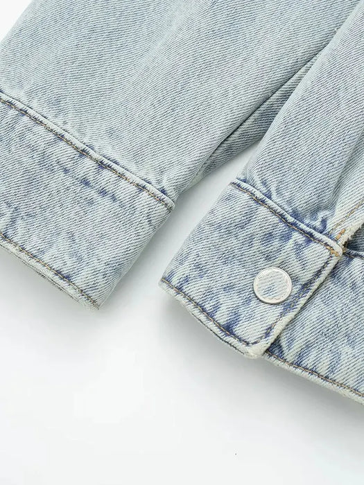 Nlzgmsj TRAF Women's Fashion Denim Biker Jacket Women Vintage Lapel Long Sleeve Zipper Belt Female Chic Coat