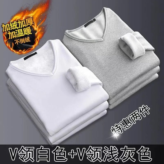 2Pcs Mens Underwear Winter Men's Long-sleeved Thermal Underwear Plus Velvet Padded T-shirt Round Neck Slim Bottoming Shirt