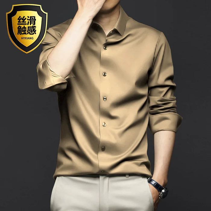 Men's Silk Shirts Long Sleeve Drill Button Solid Color 3XL Silky Business Formal Social No Iron and Wrinkle Soft Fashion Clothes