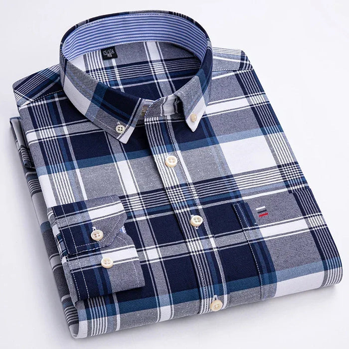 2023 Oxford Men Fashion 100% Cotton Thin Long Sleeve Casual Slim Solid Color Plaid Print Stripe Formal Dress Shirt Plus 7XL 6XL