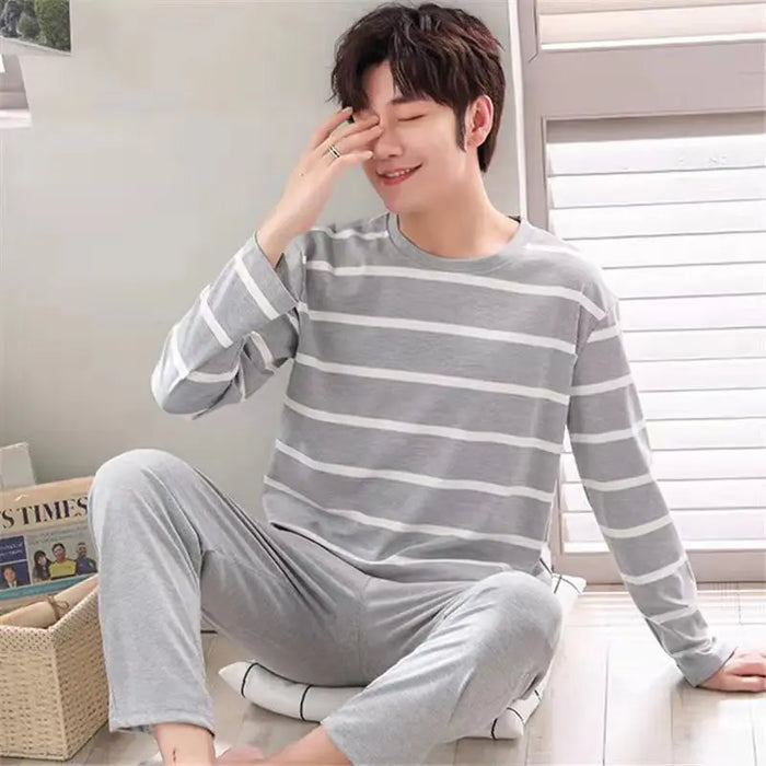 New Arrival Pajamas Men's Cotton Long-sleeved Striped Spring and Autumn Men's Teen Winter Homewear 2-Piece Suit