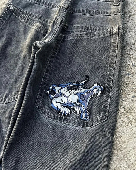 Streetwear JNCO Jeans Y2k Hip Hop Cartoon Graphic Print Vintage Baggy Jeans Black Pants Men Women High Waist Wide Leg Trousers