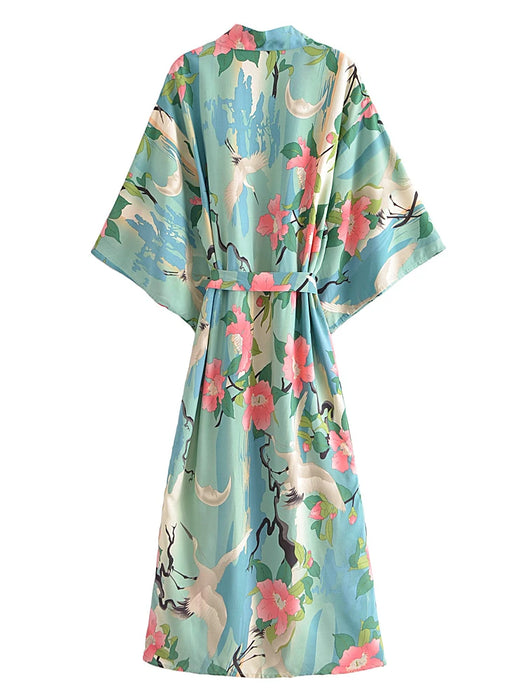 Vintage Green Crane Floral Print Rayon Cotton Sashes Bohemian Kimono Robe Women V Neck Batwing Sleeves Boho Bikini Cover-ups