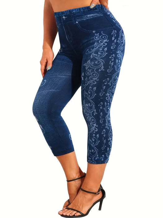 Plus Size Sports Leggings, Women's Plus Denim Print & Floral High Rise Skinny Slight Stretch Capri Leggings