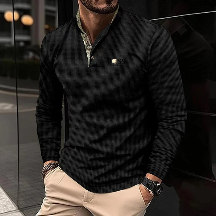 New men's autumn and winter leisure printed long sleeve POLO shirt High quality lapel button down T-shirt European size long sle