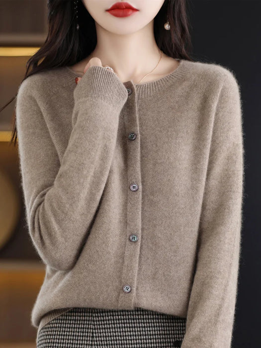 New Fashion Spring 100% Pure Merino Wool Womens O-neck Cardigan Cashmere Sweater 2024 Female Clothing Grace Knitwear Korean Tops