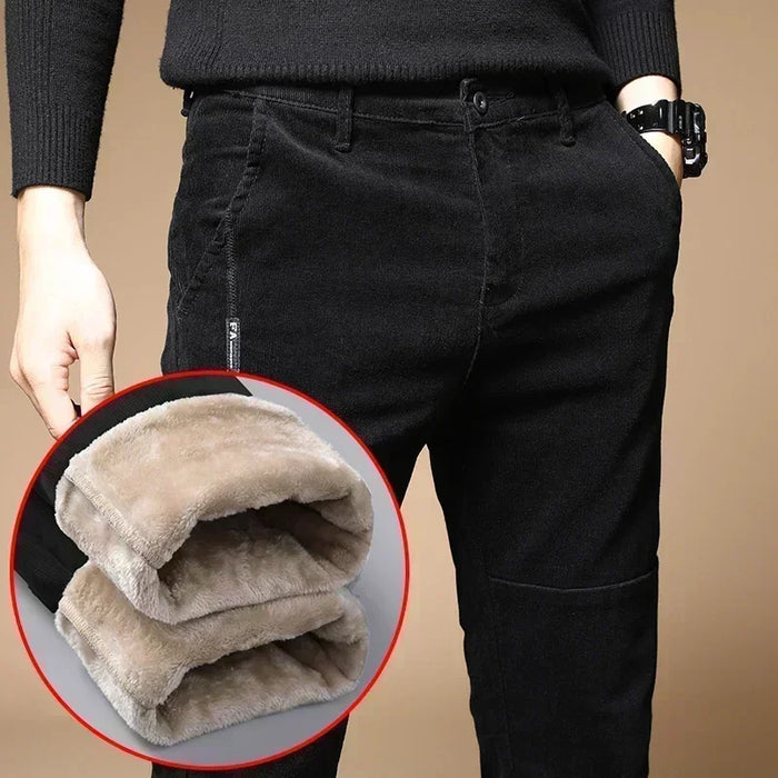 2023 New Winter Fleece Warm Corduroy Pants Men Business Fashion Slim Fit Stretch Thicken Gray Green Fluff Casual Trousers Male