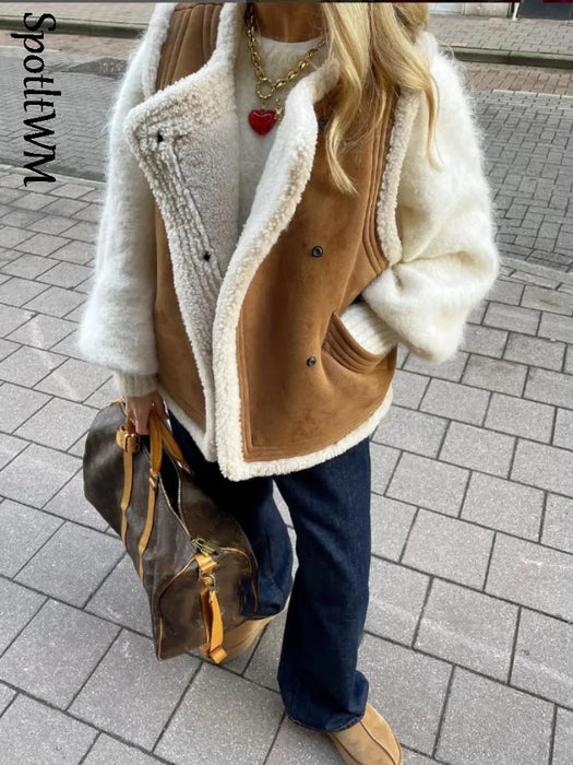 Fashion Warm Fur Vest For Women Elegant Sleeveless Turndown Collar Jackets  2023 Winter Chic Casual Faux Leather Waistcoat Vests