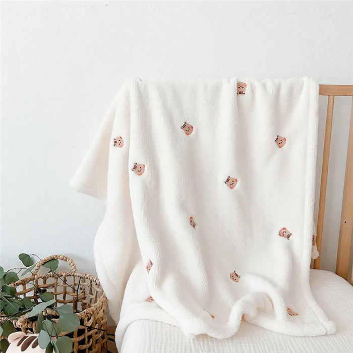 Baby Blanket Soft Fleece Cartoon Bear Embroidery Infant Quilt Blanket Newborn Baby Swaddle Sleeping Blanket Stroller Blanket