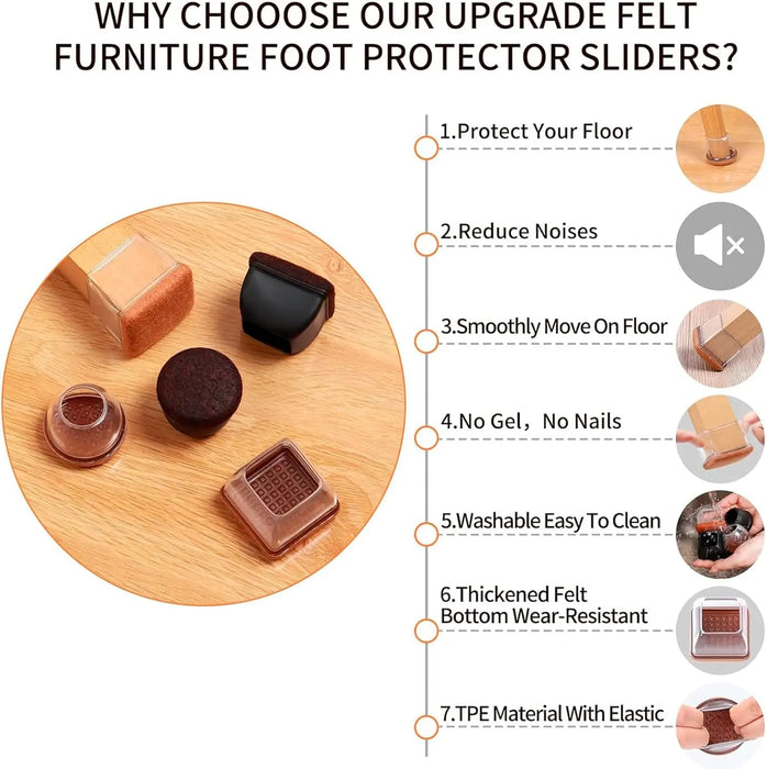 Table Chair Leg Protector Covers Thick Rubber Felt Bottom Furniture Pads Floor Protectors Feet Caps No Scratches Reduce Noice
