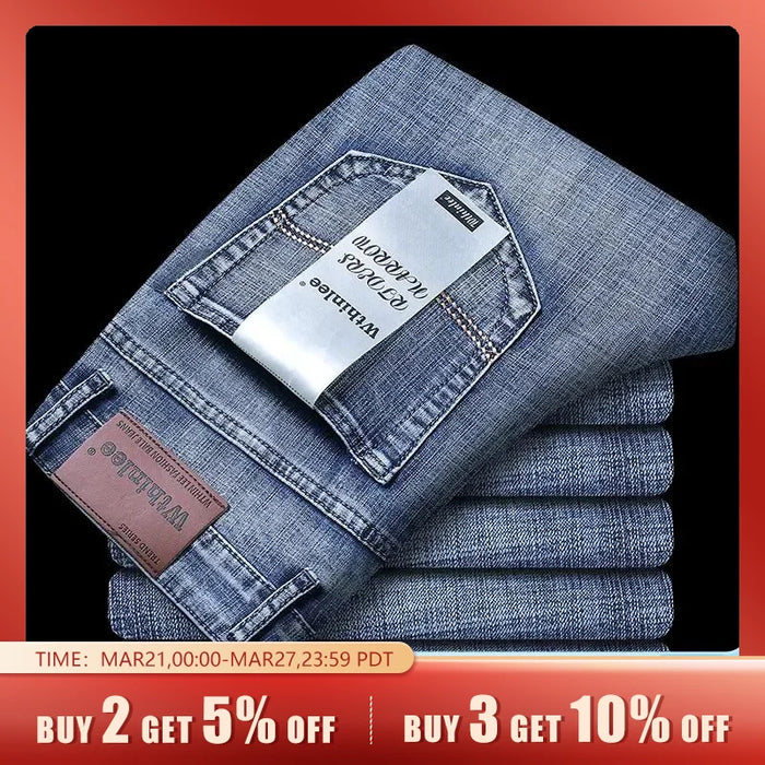 Wthinlee New Business Men's Jeans Casual Straight Stretch Fashion Classic Blue Black Work Denim Trousers Male Brand Clothing
