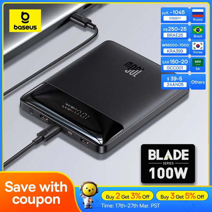 Baseus 100W Power Bank 20000mAh Type C PD Fast Charging Powerbank Portable External Battery Charger for Notebook with 100W Cable