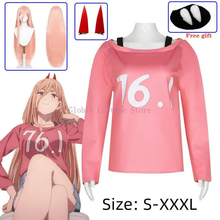 Anime Chainsaw Man Power Wig Cosplay Costume Makima Power Wigs Props Horns Teeth Power T-Shirt