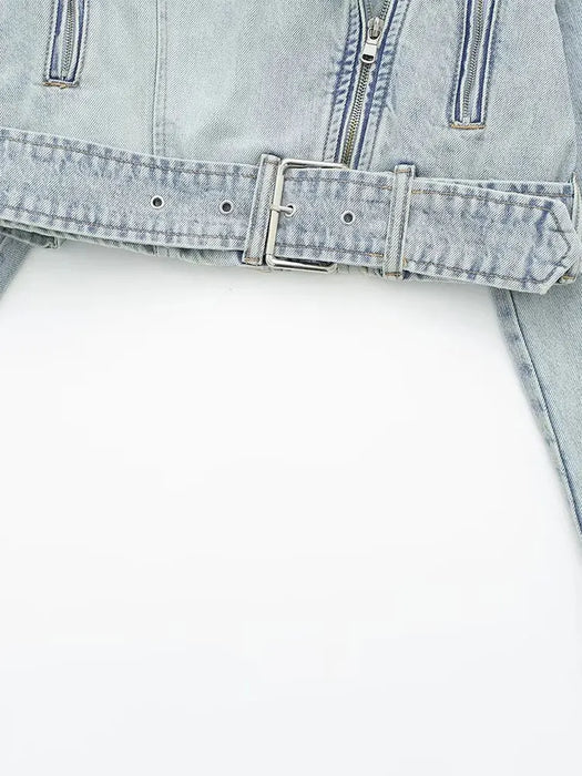 Nlzgmsj TRAF Women's Fashion Denim Biker Jacket Women Vintage Lapel Long Sleeve Zipper Belt Female Chic Coat