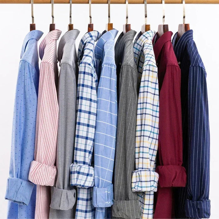 2023 Oxford Men Fashion 100% Cotton Thin Long Sleeve Casual Slim Solid Color Plaid Print Stripe Formal Dress Shirt Plus 7XL 6XL
