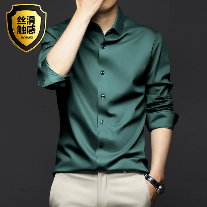 6XL Spring/Summer Formal Men's Fashion long-sleeved shirt Luxury wrinkle-proof non-ironed solid color business casual ice silk