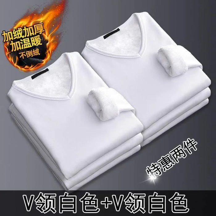 2Pcs Mens Underwear Winter Men's Long-sleeved Thermal Underwear Plus Velvet Padded T-shirt Round Neck Slim Bottoming Shirt