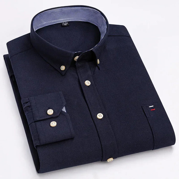 2023 Oxford Men Fashion 100% Cotton Thin Long Sleeve Casual Slim Solid Color Plaid Print Stripe Formal Dress Shirt Plus 7XL 6XL