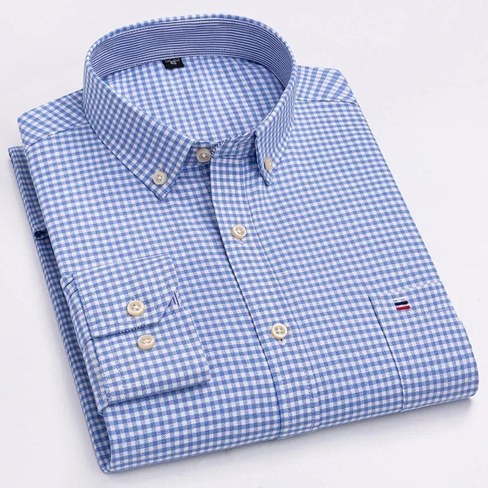 2023 Oxford Men Fashion 100% Cotton Thin Long Sleeve Casual Slim Solid Color Plaid Print Stripe Formal Dress Shirt Plus 7XL 6XL