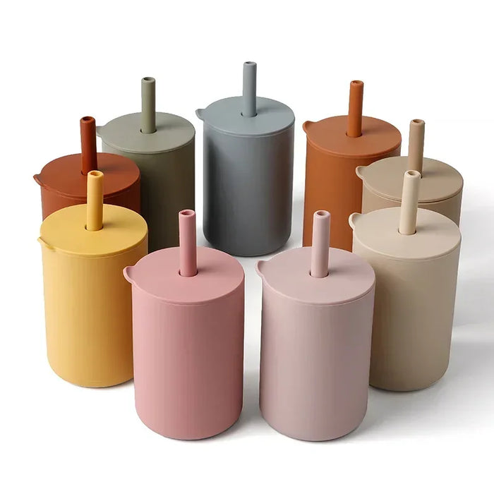 Baby Silicone Feeding Training Cutlery Liquid Straw Cup Kids Learning Cup Double Handle Straw Cup BPA Free Toddler Kettle