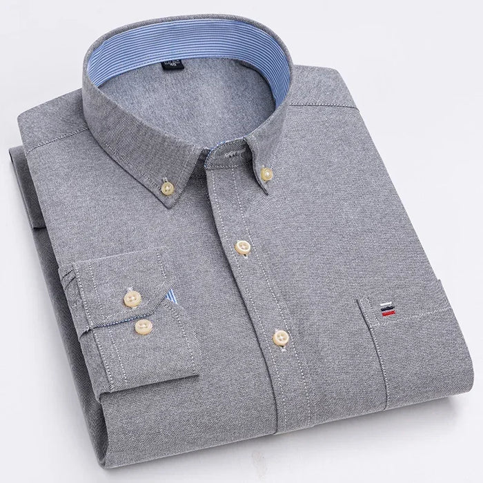 2023 Oxford Men Fashion 100% Cotton Thin Long Sleeve Casual Slim Solid Color Plaid Print Stripe Formal Dress Shirt Plus 7XL 6XL