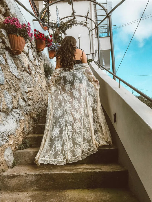Vintage Chic Women Bat Sleeve Loose Beach Floor Length Bohemian Kimono Dress Ladies V Neck Sashes Lace Summer Boho Robe