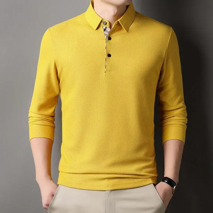 Men Fashion Long Sleeve Solid Casual Polo Shirts Spring Autumn Loose Streetwear Male Clothes Lapel Plaid Business Office Tops