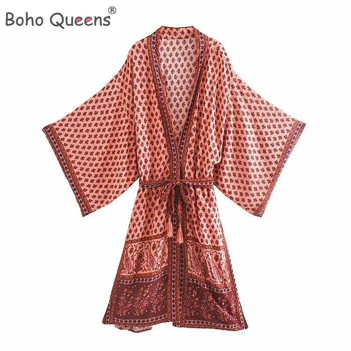 Boho Queens Women  Floral Print Sashes Bohemian Happie Kimono Ladies V Neck Batwing Sleeves Robe Bikini Cover-up