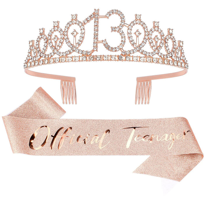 Birthday Crown Sash Set for Girls Women Happy Birthday Decoration 13th 18th 30th 40th Birthday Tiara Satin Sash Party Supplies