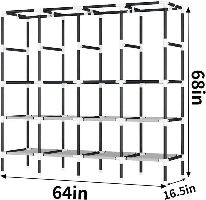 LEEGOHOME Closet Wardrobe 64in/80in Wardrobe Closet 20mm Fabric for Clothes Hanging with 8/10 Storage Shelves & 4/5 Hanging Rods