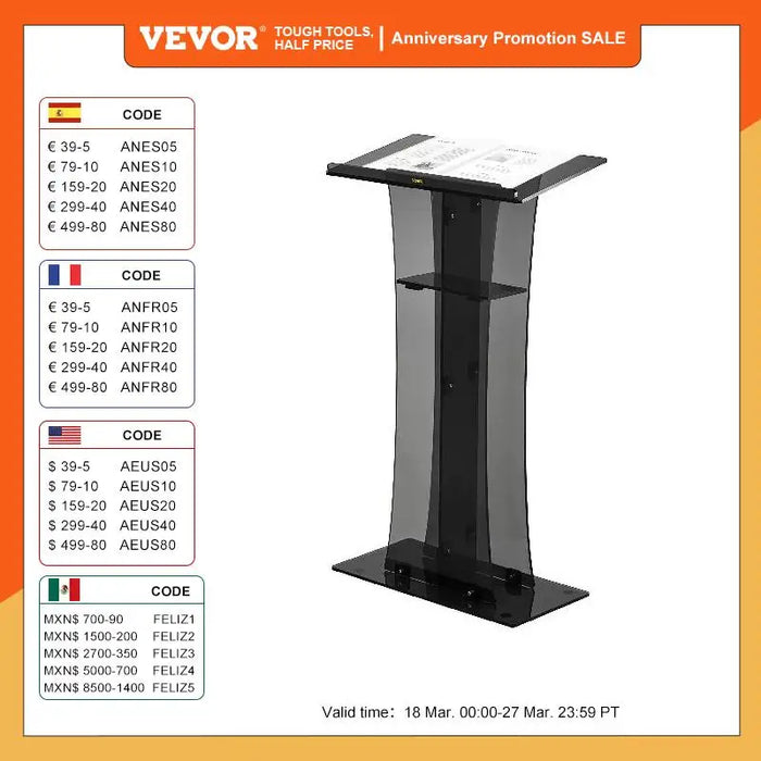 VEVOR 47" Clear Podium Stand Floor-Standing Acrylic Podium Lectern W/ Reading Surface & Storage Shelf  for Church Office School