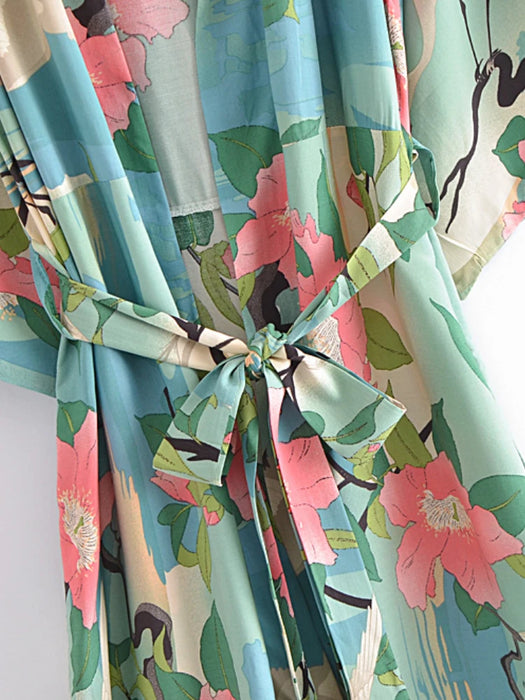 Vintage Green Crane Floral Print Rayon Cotton Sashes Bohemian Kimono Robe Women V Neck Batwing Sleeves Boho Bikini Cover-ups