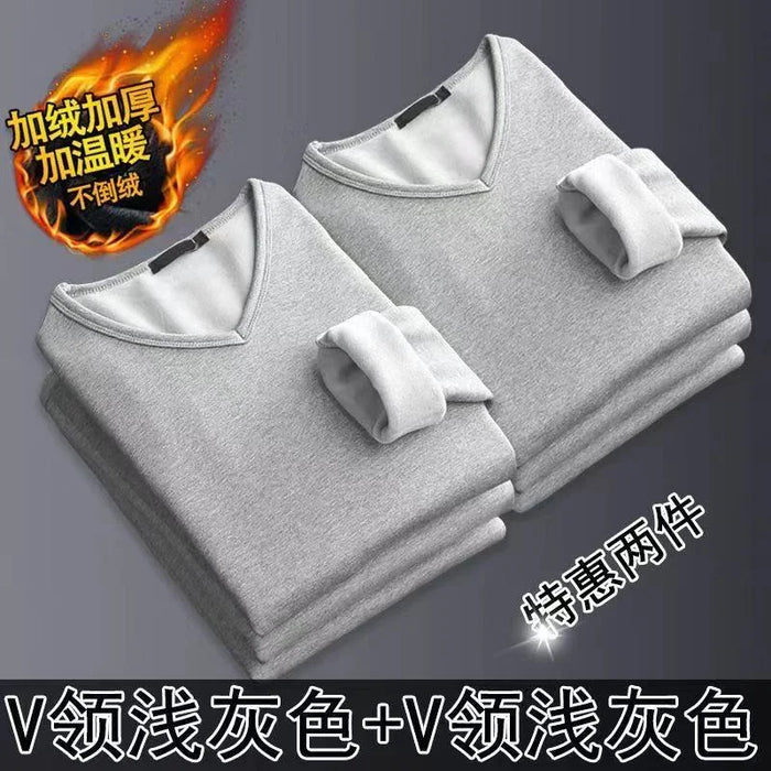2Pcs Mens Underwear Winter Men's Long-sleeved Thermal Underwear Plus Velvet Padded T-shirt Round Neck Slim Bottoming Shirt