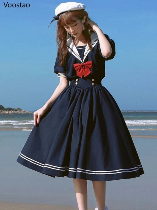 Japanese Soft Sister Cute Lolita Dress Women Sweet Puff Sleeve Slim Student Dresses Party Retro Girls Bow Salior Collar Vestidos