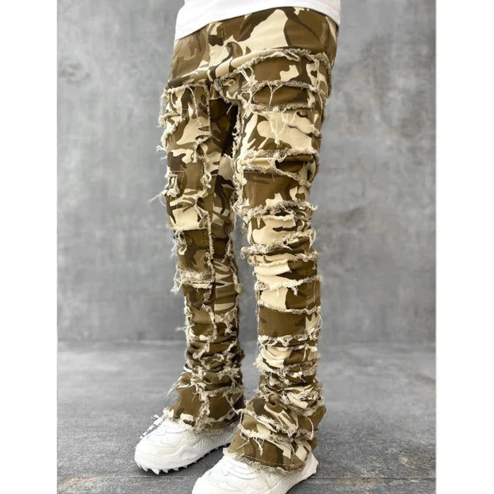 E15E Mens Stacked Jeans Fit Ripped Jeans Destroyed Straight Denims Pants Vintage Hip Hop Trouser Streetwear