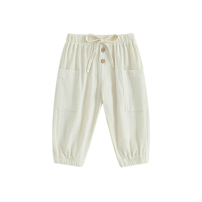 Cotton Linen Casual Baby Pants Toddler Boys Girls Casual Bottom Summer Autumn Solid Drawstring Button Children Pockets Trousers
